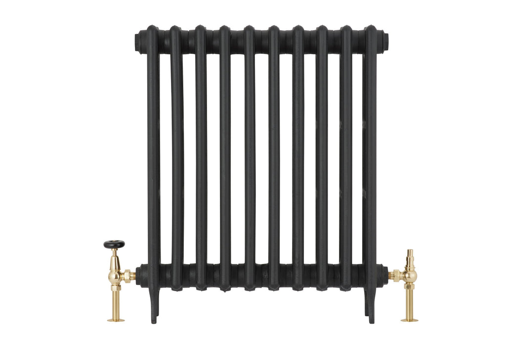 Grace Manual Radiator Valve Set in brass, fitted to black radiator