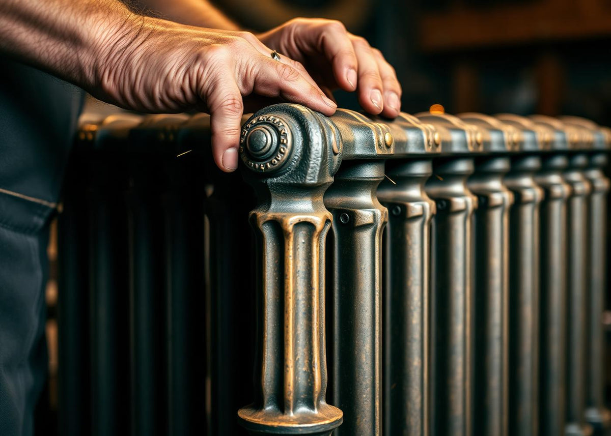 A craftsman finishing a cast-iron radiator in the Arroll foundry