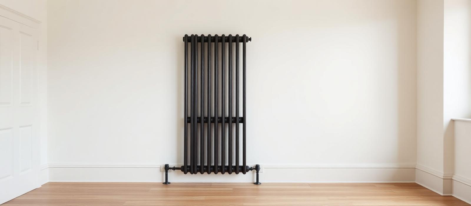 A tall anthracite steel four-column vertical radiator in a bright minimal period room