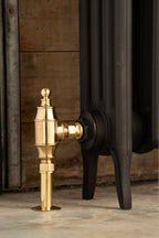 Valora Thermostatic Radiator Valve Set lockshield in brass, on black radiator